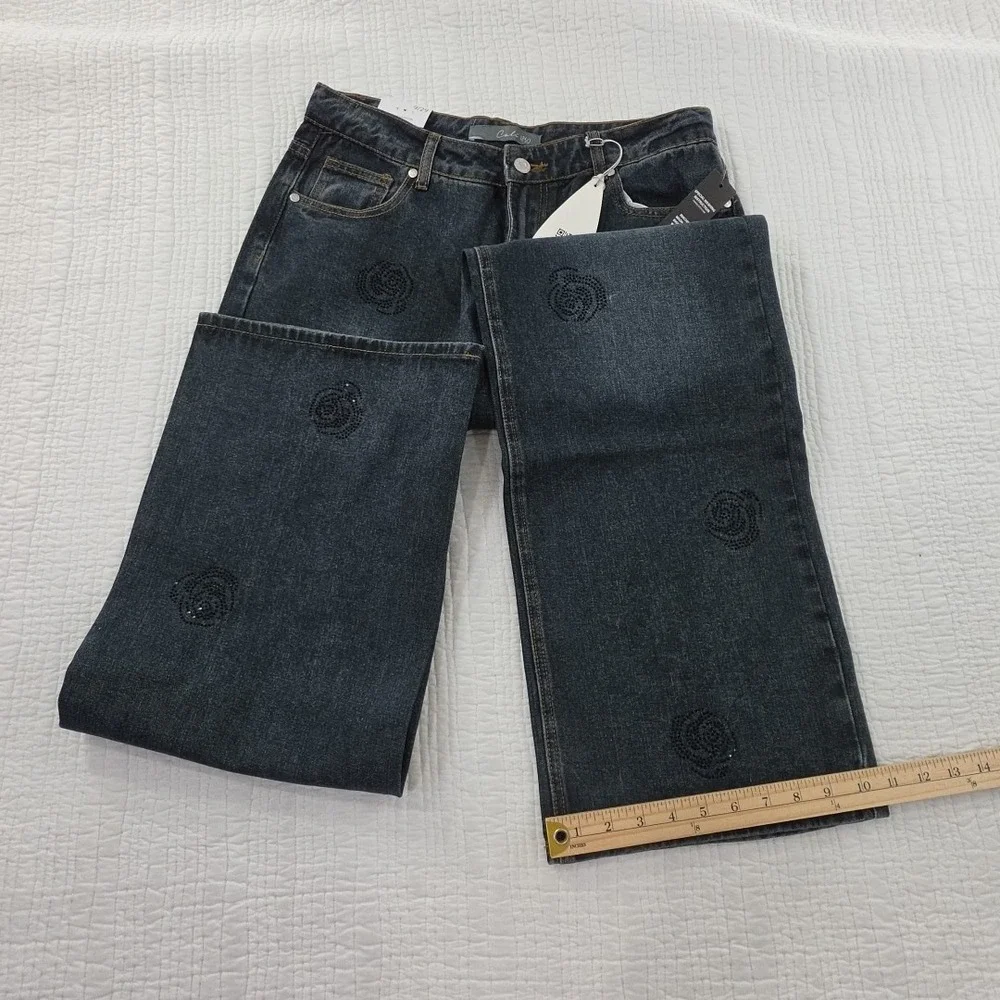 Cali 1850 Jeans Womens 9/29 Medium Wash Rhinestones NEW Wide Leg Relaxed NWT‎